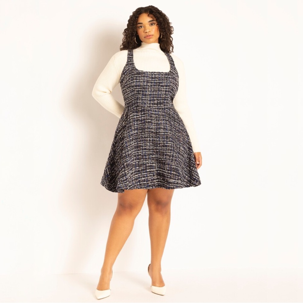 Eloquii Flare Tweed Mini Jumper in Blue And White